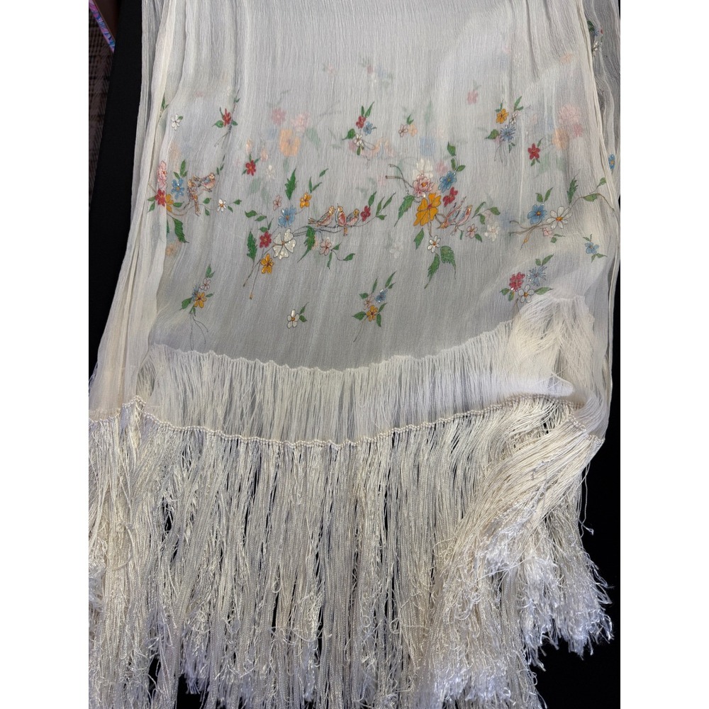 Antique Cream Silk Piano Shawl Floral Hand Painted Long Knotted Fringe Wrap